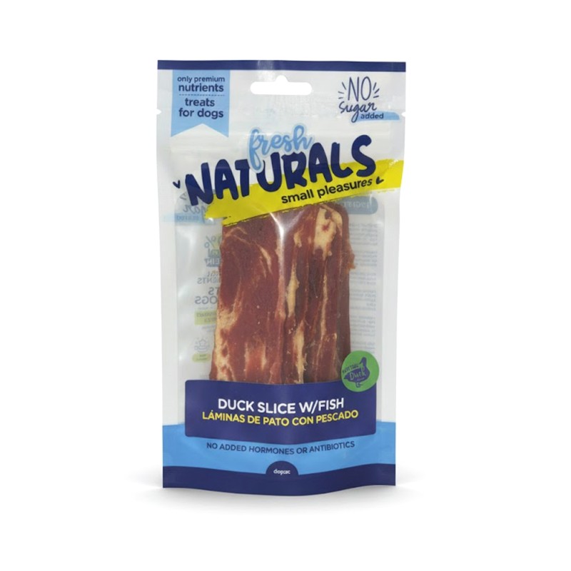 Bolsa de láminas de pato con pescado para perros.