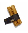 Palito masticable pequeño de colágeno con pasta de pollo para perro con etiqueta.