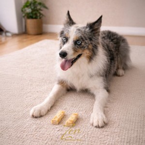 Perro mirando un snack de Colágeno con calabaza para perro.