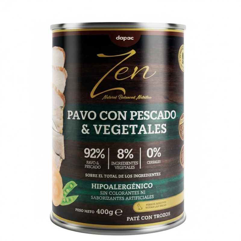 Alimento complementario para perros con pavo, pescado y vegetales.