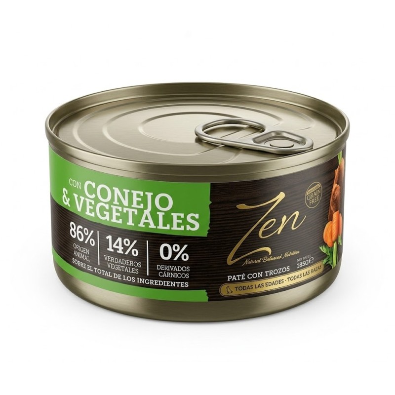 Alimento húmedo complementario de conejo y vegetales para perro.
