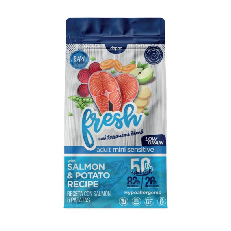 Bolsa de pienso para perro de la marca Fresh, predomina el color azul y blanco con los ingredientes en el centro.