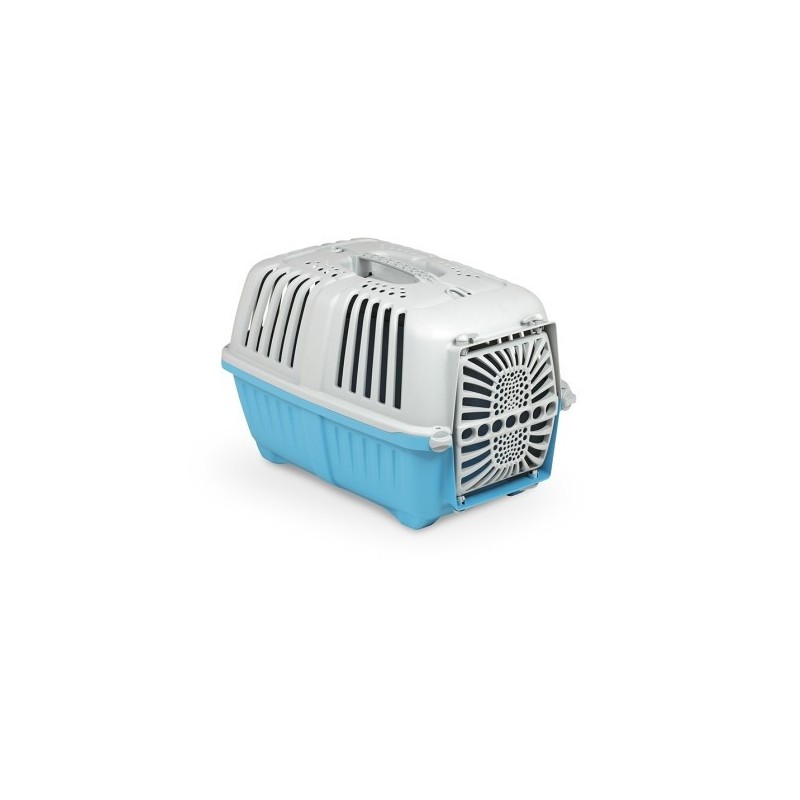 Imagen de un transportin para perro o gato de color azul y blanco, diseñado en plástico resistente reciclado.