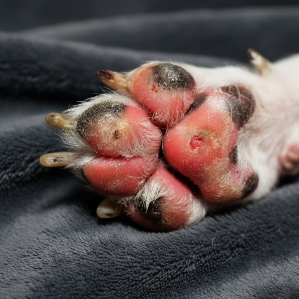 Almohadillo de perro con grietas por nieve o frio