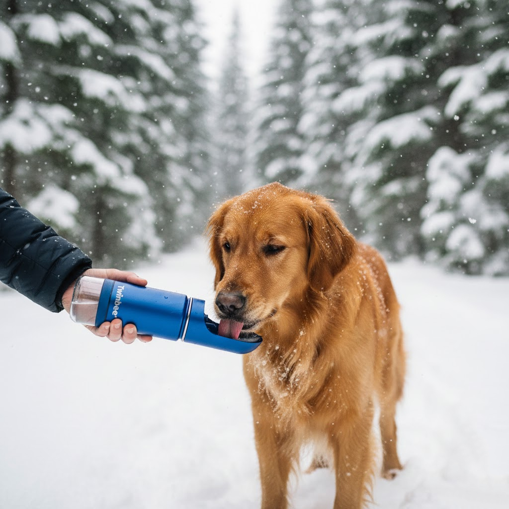 Perro bebiendo de la botella Twinbee en la nieve