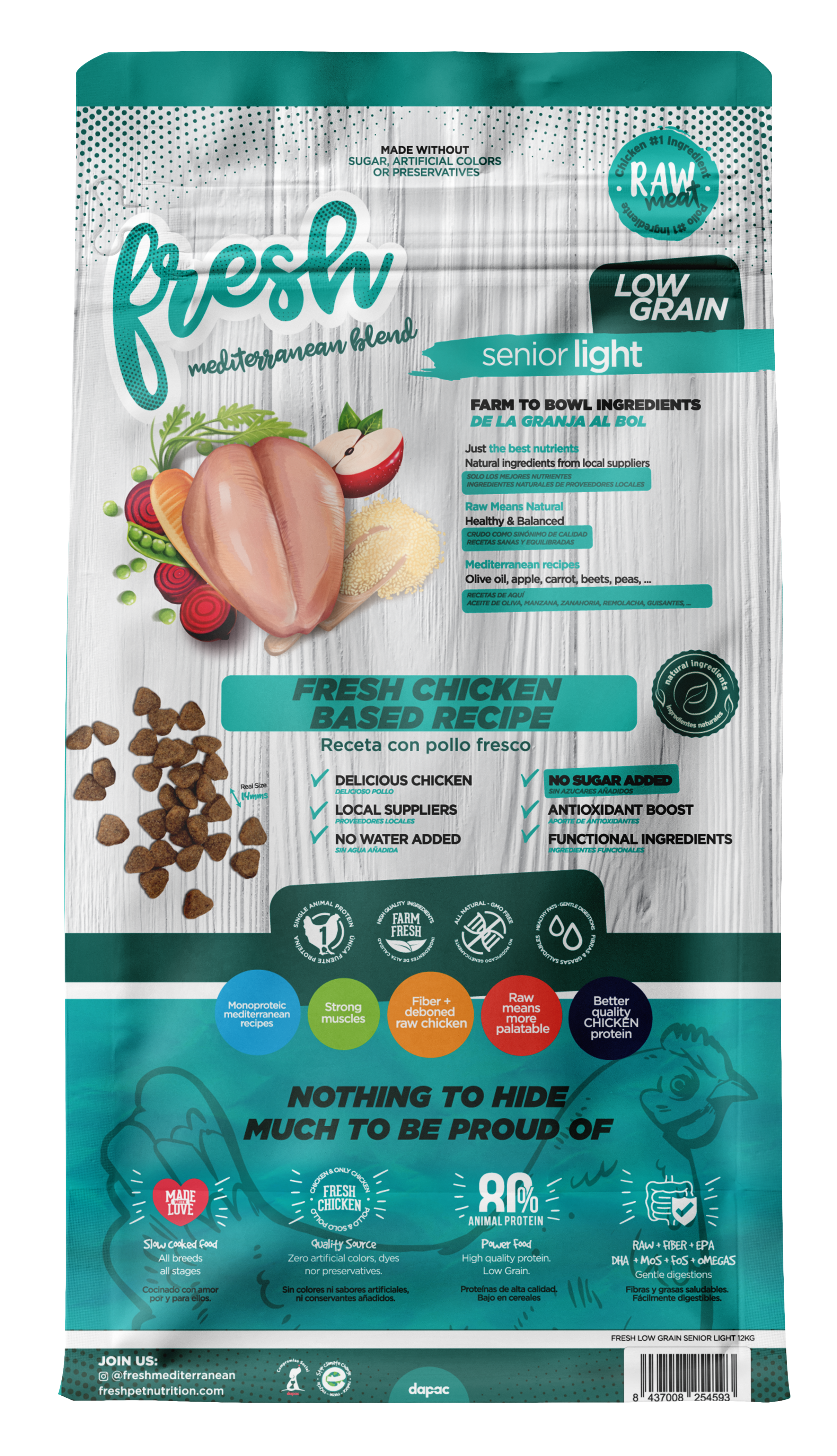 Imagen de la parte trasera del alimento seco para perros de fresh