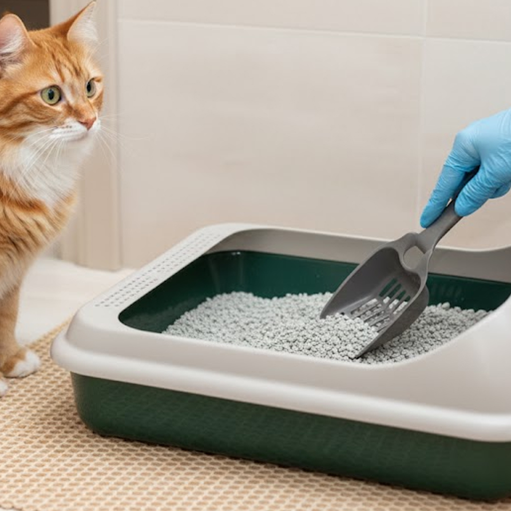 Tutor limpiando arenero de gato