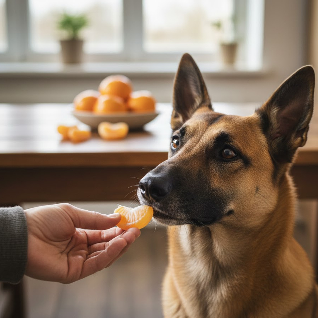 Perro comiendo gajo mandarina