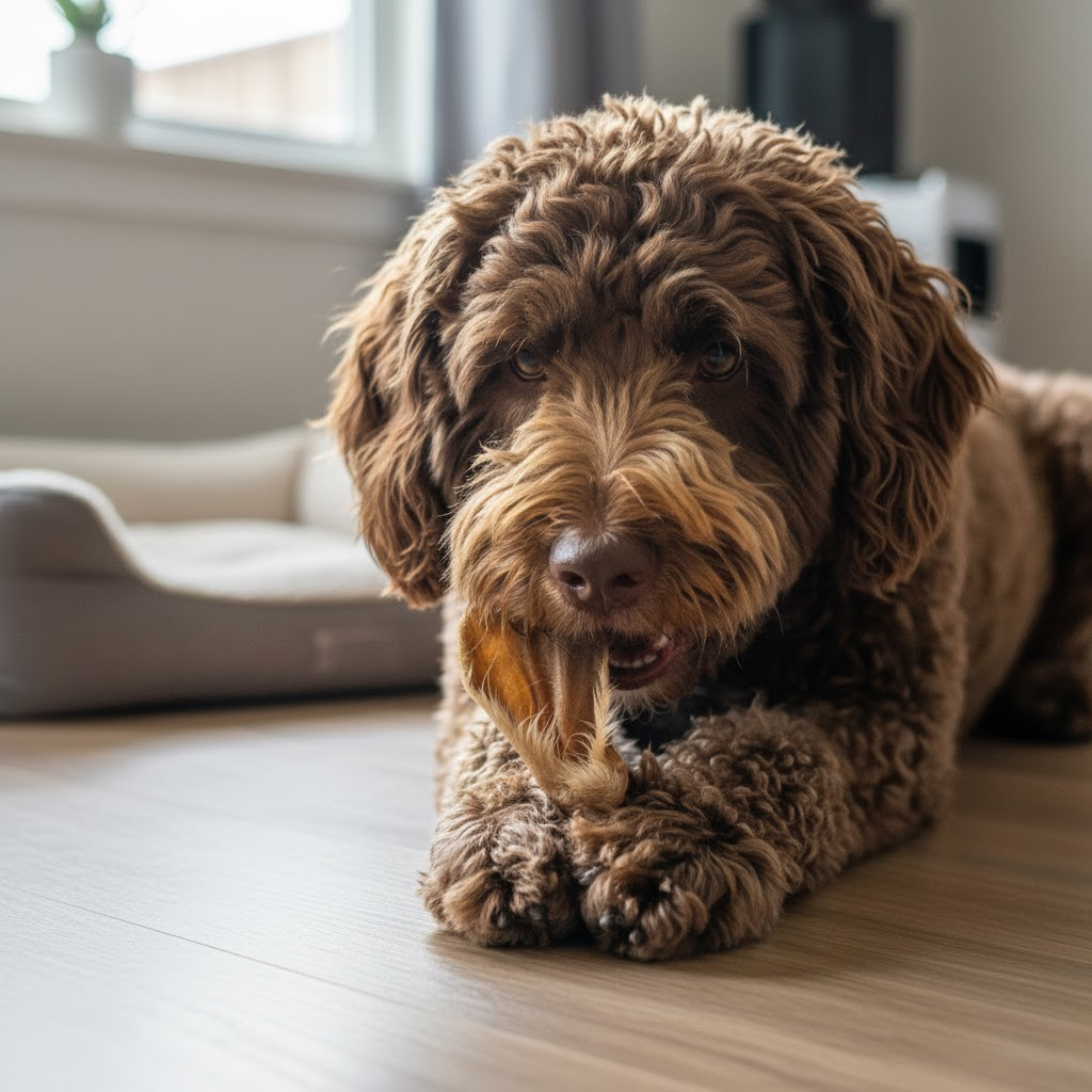 perro de agua comiendo una oreja de conejo con pelo