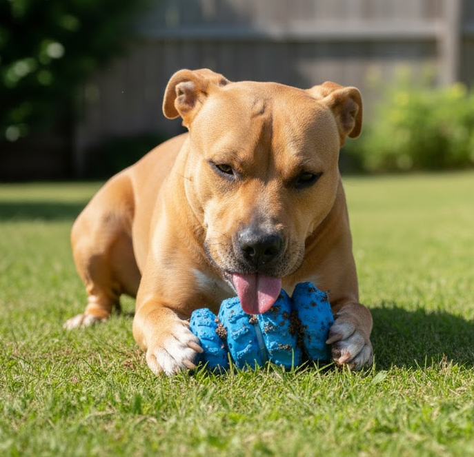 Perro lamiendo de un juguete dispensador