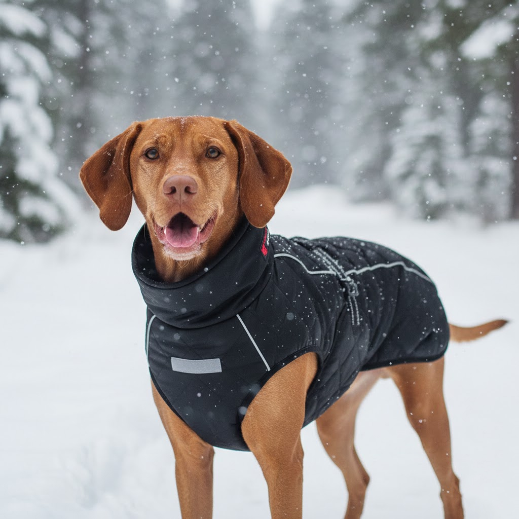 perro en la nieve usando abrigo