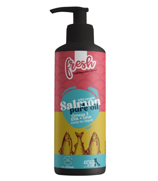 Bote de aceite de salmón de la marca fresh para perros.