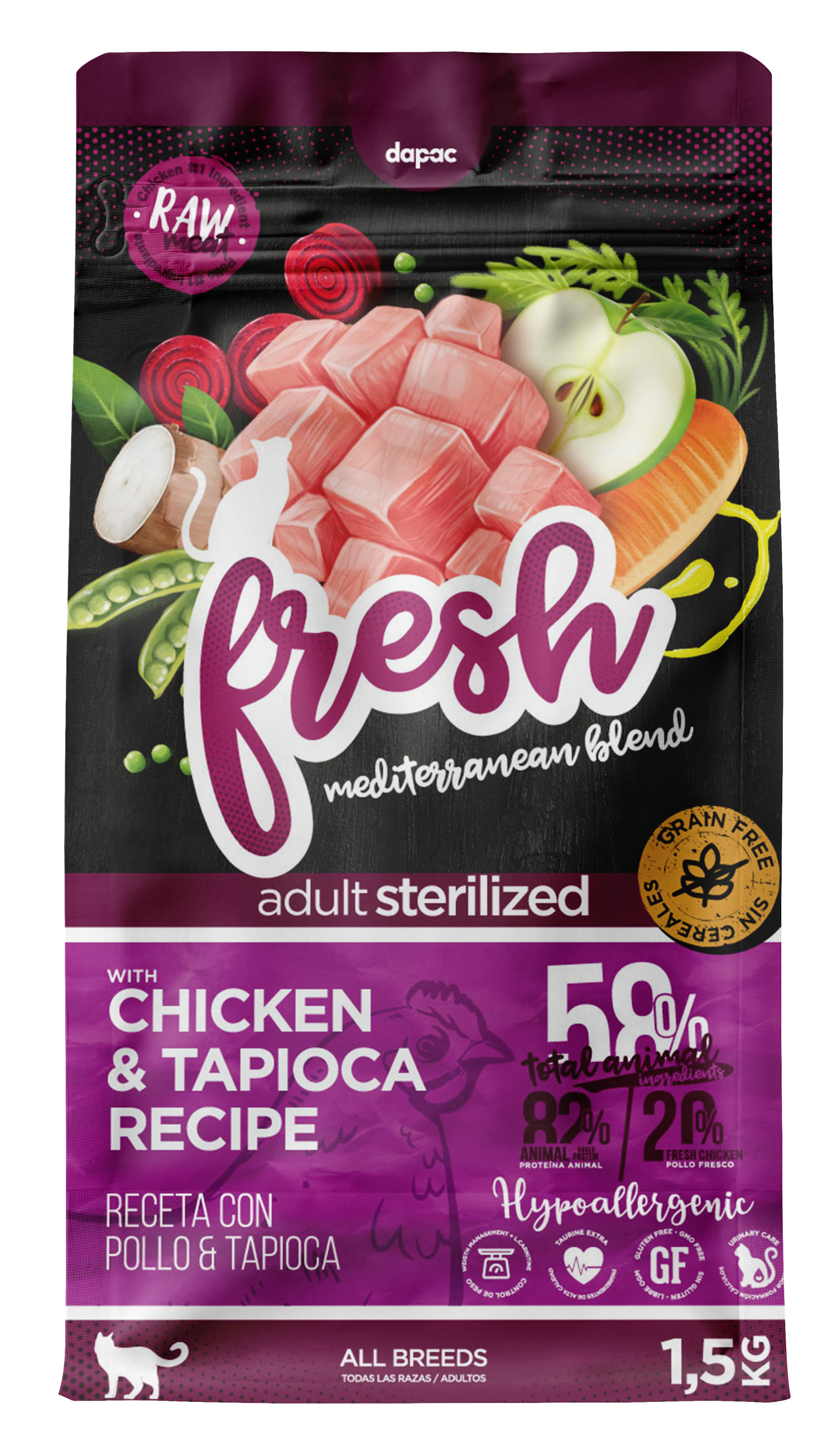 Saco de fresh pollo y tapioca, alimento alto en taurina para gatos.