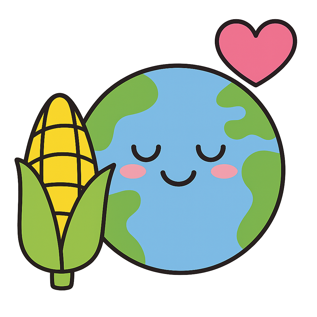 Ilustración del planeta tierra con una sonrisa y una mazorca de maíz junto a ella.