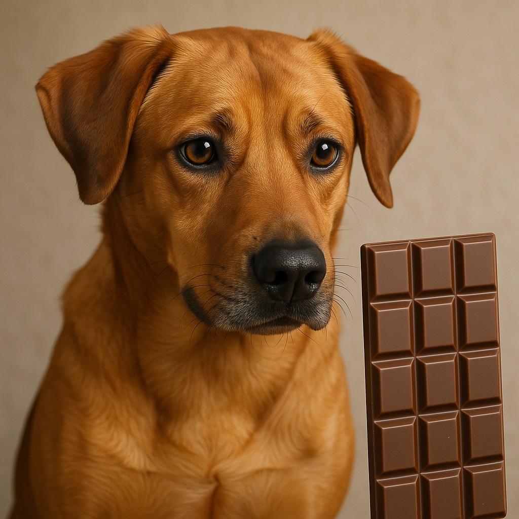 perro mirando fijamente tableta de chocolate